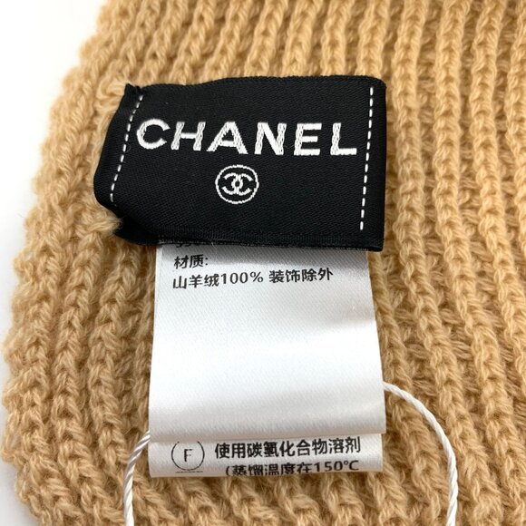 Chanel Brown Cashmere Knitted Scarf With Black Sequin Logo Embroidery 200 X 35cm - Picture 5 of 9